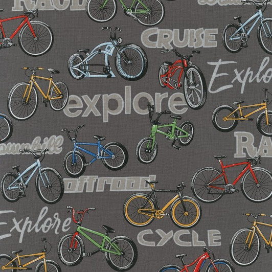 Bicycles And Words On two Wheels Grey Cotton Quilting Fabric Bicycles And Words On two Wheels Grey Cotton Quilting Fabric