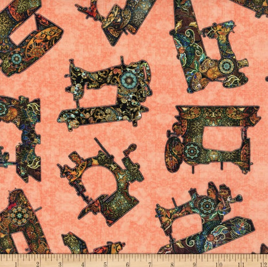 Sew Lovely Sewing Machine Toss Dark Salmon Cotton Quilting Fabric Sew Lovely Sewing Machine Toss Dark Salmon Cotton Quilting Fabric