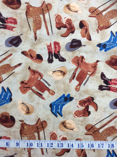 Cowboys Western Saddles Boots Mountain Pass Sand Cotton Quilting Fabric 1/2 YARD Cowboys Western Saddles Boots Mountain Pass Sand Cotton Quilting Fabric 1/2 YARD