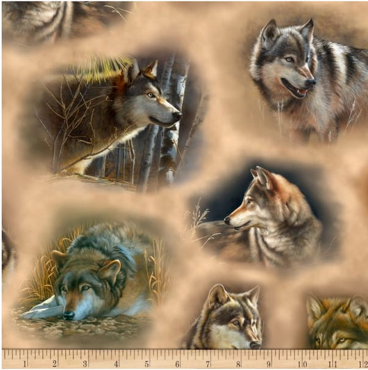 Majestic Wolves Wolf Vignettes Tan Cotton Quilting Fabric Majestic Wolves Wolf Vignettes Tan Cotton Quilting Fabric