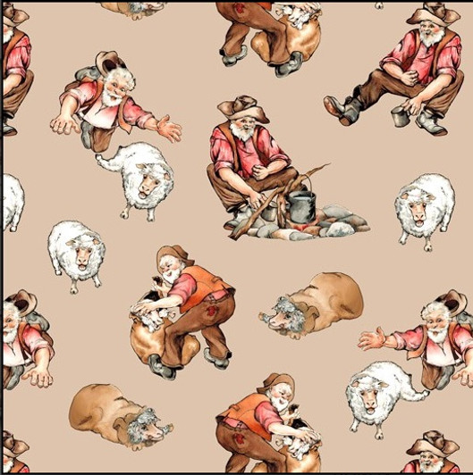 Australian Waltzing Matilda Swagman and Jumbuck Beige 0207H Cotton Quilting Fabric Australian Waltzing Matilda Swagman and Jumbuck Beige 0207H Cotton Quilting Fabric