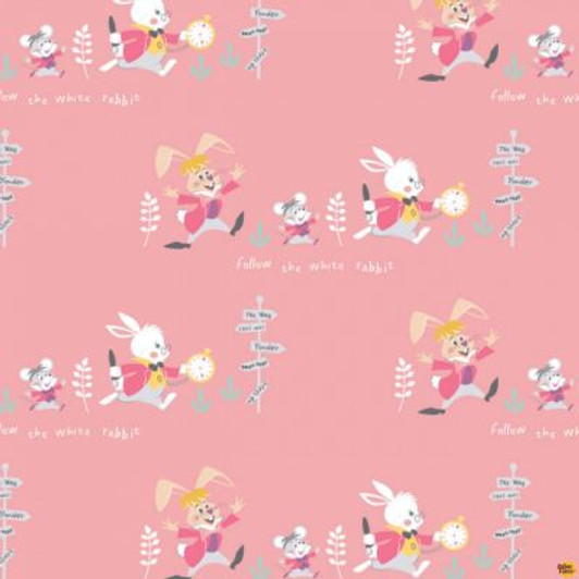 Disney Alice in Wonderland Follow the White Rabbit Pink Background Cotton Quilting Fabric Disney Alice in Wonderland Follow the White Rabbit Pink Background Cotton Quilting Fabric
