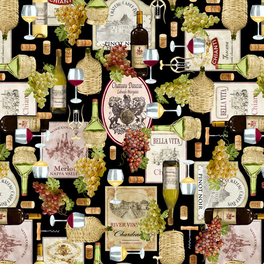 Cheers To You Wine Labels Glasses Cheers Black Cotton Quilting Fabric Cheers To You Wine Labels Glasses Cheers Black Cotton Quilting Fabric