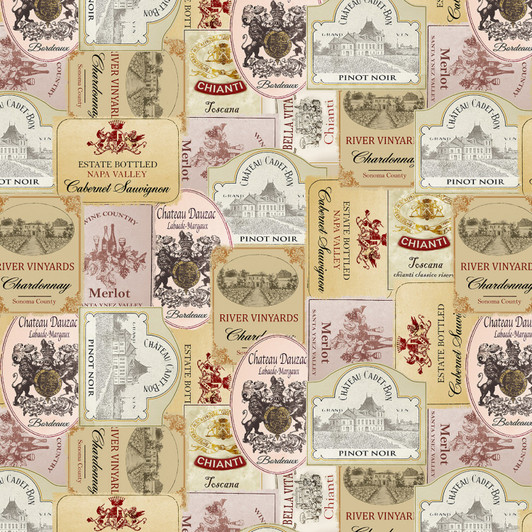 Cheers To You Wine Labels Neutral Cotton Quilting Fabric Cheers To You Wine Labels Neutral Cotton Quilting Fabric