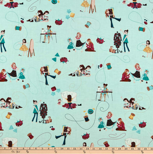 Little Sewists Stitches Aqua Cotton Quilting Fabric Little Sewists Stitches Aqua Cotton Quilting Fabric
