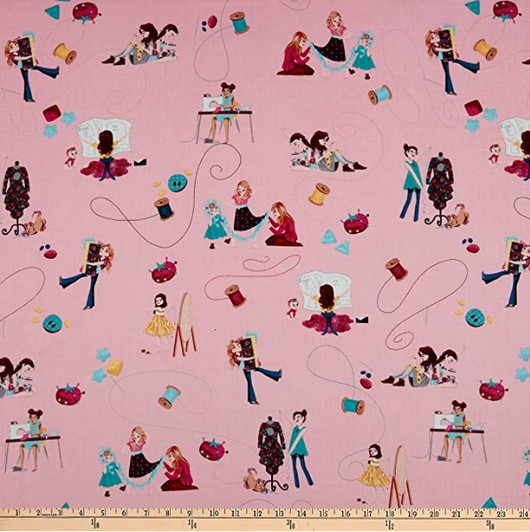 Little Sewists Stitches Blush Cotton Quilting Fabric