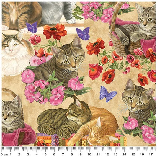 Cats n Quilts Allover Beige Cotton Quilting Fabric Cats n Quilts Allover Beige Cotton Quilting Fabric