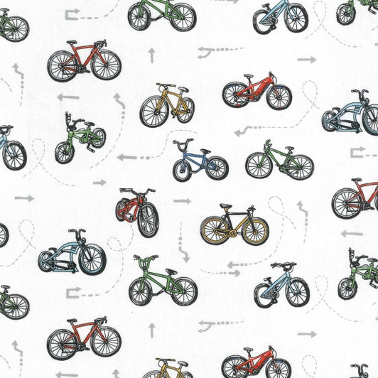 Bicycles on Two Wheels Scattered White Cotton Quilting Fabric Bicycles on Two Wheels Scattered White Cotton Quilting Fabric