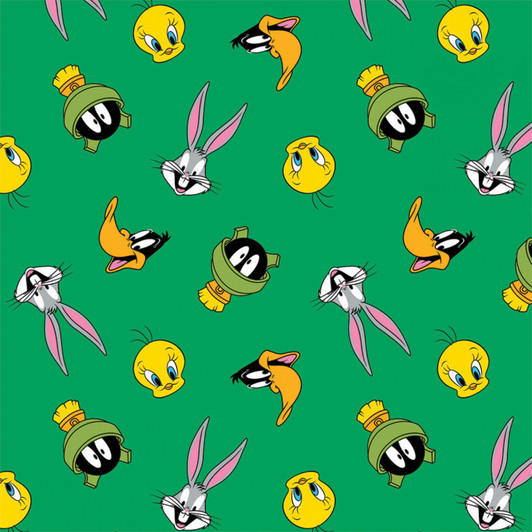 Looney Tunes Faces Tossed Green Cotton FLANNEL Fabric Looney Tunes Faces Tossed Green Cotton FLANNEL Fabric