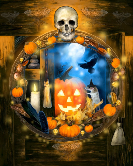 Halloween Cabinet Between the Worlds Cotton Quilting Fabric Panel Halloween Cabinet Between the Worlds Cotton Quilting Fabric Panel