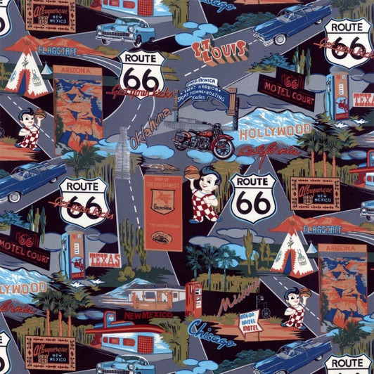 Tropicals and Conversationals Route 66 Black  Cotton Quilting Fabric Tropicals and Conversationals Route 66 Black  Cotton Quilting Fabric