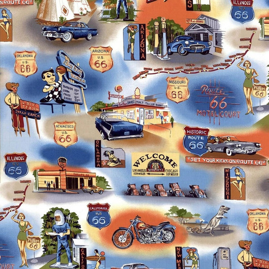 Tropicals and Conversationals Route 66 Blue  Cotton Quilting Fabric Tropicals and Conversationals Route 66 Blue  Cotton Quilting Fabric