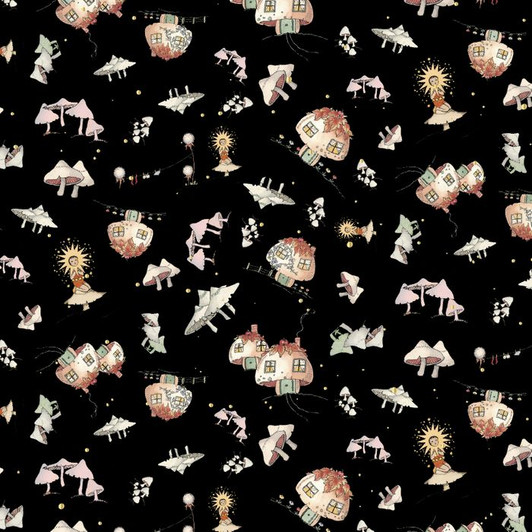 Federation Fairies and Mushroom Houses Black Metallic Highlights Cotton Quilting Fabric