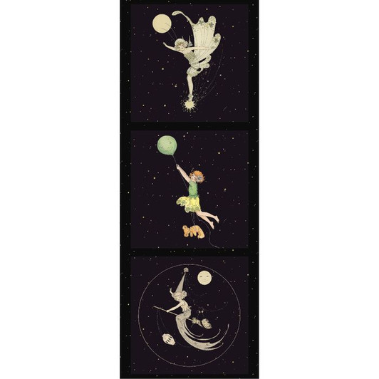 Federation Fairies 3 Blocks Black Metallic Highlights Cotton Quilting Fabric Panel Federation Fairies 3 Blocks Black Metallic Highlights Cotton Quilting Fabric Panel