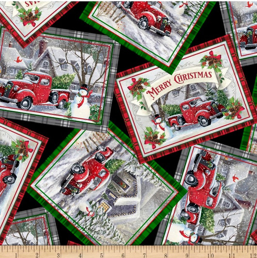 Christmas Winter Greetings Red Trucks Postcards Black Cotton Quilting Fabric Christmas Winter Greetings Red Trucks Postcards Black Cotton Quilting Fabric