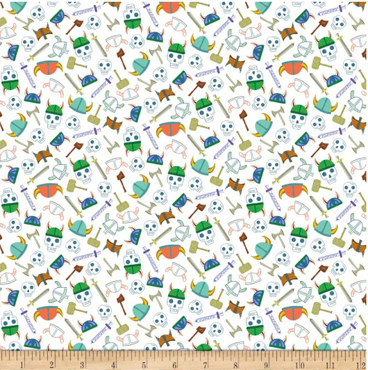 Vikings Small Viking Toss White Cotton Quilting Fabric Vikings Small Viking Toss White Cotton Quilting Fabric