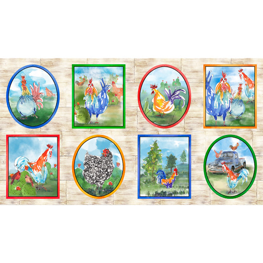 Colorful Roosters Picture Patches Tan 28404-A Cotton Quilting Fabric Panel Colorful Roosters Picture Patches Tan 28404-A Cotton Quilting Fabric Panel