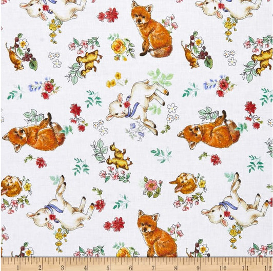 New Friends Fox Lamb Rabbit Ducklings Toss White Cotton Quilting Fabric New Friends Fox Lamb Rabbit Ducklings Toss White Cotton Quilting Fabric