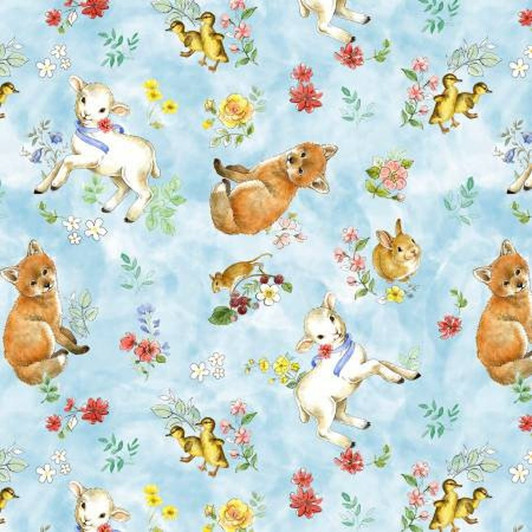 New Friends Fox Lamb Rabbit Ducklings Toss Blue Cotton Quilting Fabric New Friends Fox Lamb Rabbit Ducklings Toss Blue Cotton Quilting Fabric