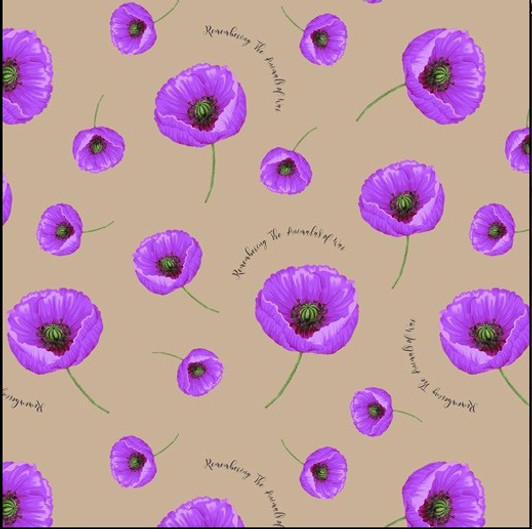 Animals of War Remembering Purple Poppy Beige Cotton Quilting Fabric Animals of War Remembering Purple Poppy Beige Cotton Quilting Fabric