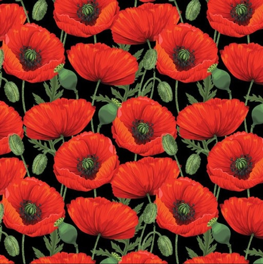 Honour the Light Horse Brigade Poppies Black Cotton Quilting Fabric Honour the Light Horse Brigade Poppies Black Cotton Quilting Fabric