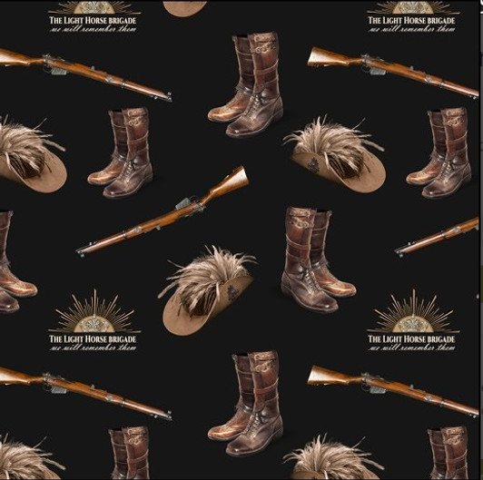 Honour the Light Horse Brigade Slouch Hats and Boots Black Cotton Quilting Fabric Honour the Light Horse Brigade Slouch Hats and Boots Black Cotton Quilting Fabric