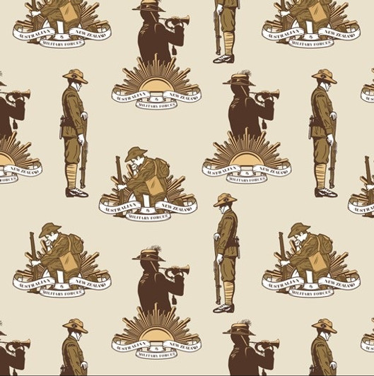 Honour the Light Horse Brigade Badges Beige Cotton Quilting Fabric Honour the Light Horse Brigade Badges Beige Cotton Quilting Fabric