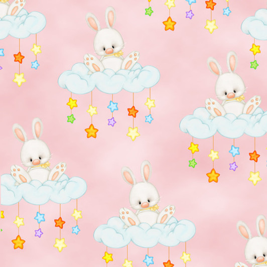 Comfy Cute Bunnies on Clouds Pink Background Cotton FLANNEL Fabric Comfy Cute Bunnies on Clouds Pink Background Cotton FLANNEL Fabric