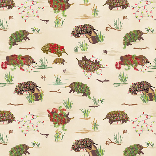 Merry Christmas  Monotremes Echidna Beige Cotton Quilting Fabric Merry Christmas  Monotremes Echidna Beige Cotton Quilting Fabric