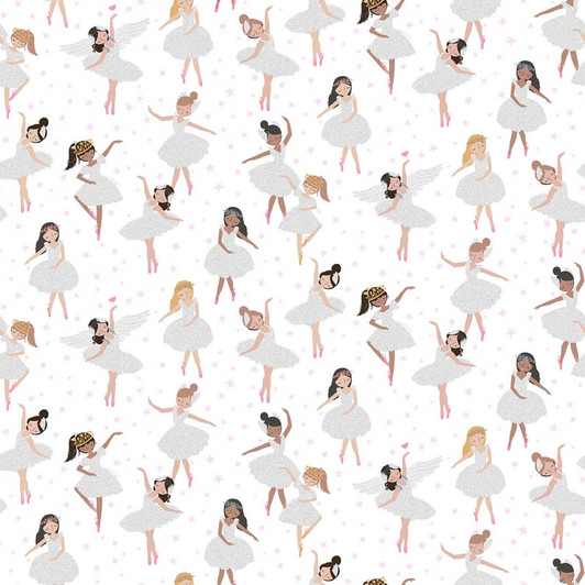 Music Box Ballerina Girls White Metallic Highlights Cotton Quilting Fabric Music Box Ballerina Girls White Metallic Highlights Cotton Quilting Fabric