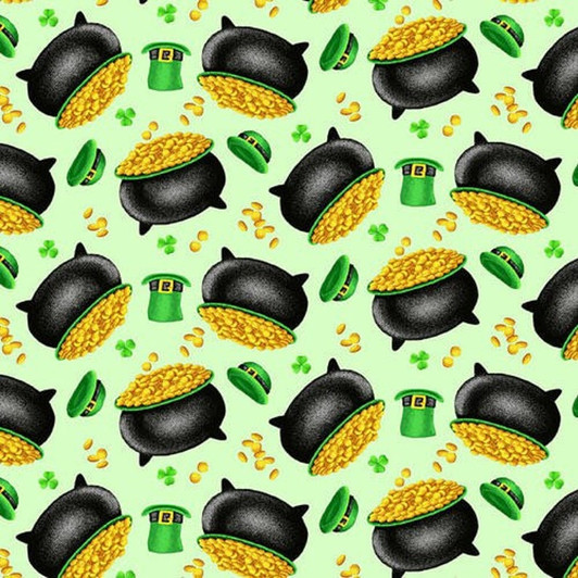 Pot of Gold St Patricks Day Kettle and Hat Green Cotton Quilting Fabric Pot of Gold St Patricks Day Kettle and Hat Green Cotton Quilting Fabric