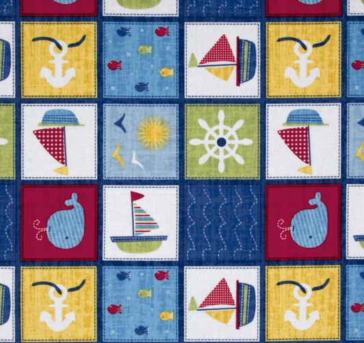 Ships Ahoy Patch Blue Cotton Quilting Fabric 1/2 YARD Ships Ahoy Patch Blue Cotton Quilting Fabric 1/2 YARD