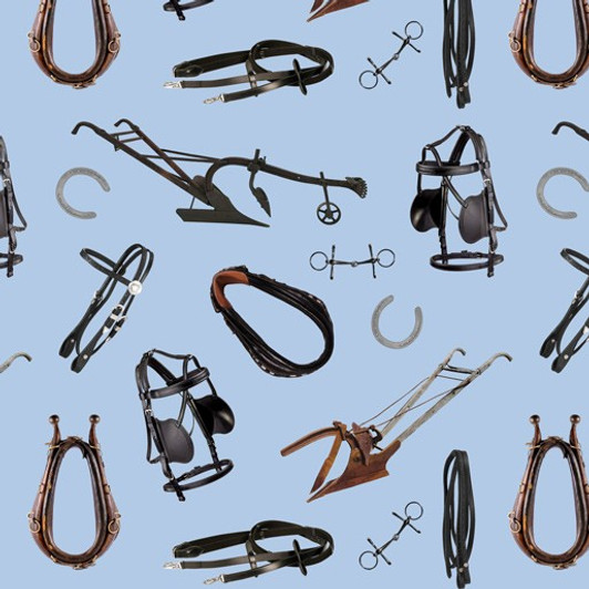 Heavy Horses Horses Tack Blue 1042H Cotton Quilting Fabric Heavy Horses Horses Tack Blue 1042H Cotton Quilting Fabric