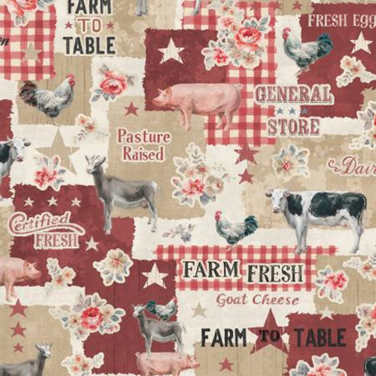 Farmhouse Chic Chickens Cows Goats Allover Tan Quilting Fabric Farmhouse Chic Chickens Cows Goats Allover Tan Quilting Fabric