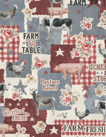 Farmhouse Chic Chickens Cows Goats Allover Blue Quilting Fabric Farmhouse Chic Chickens Cows Goats Allover Blue Quilting Fabric