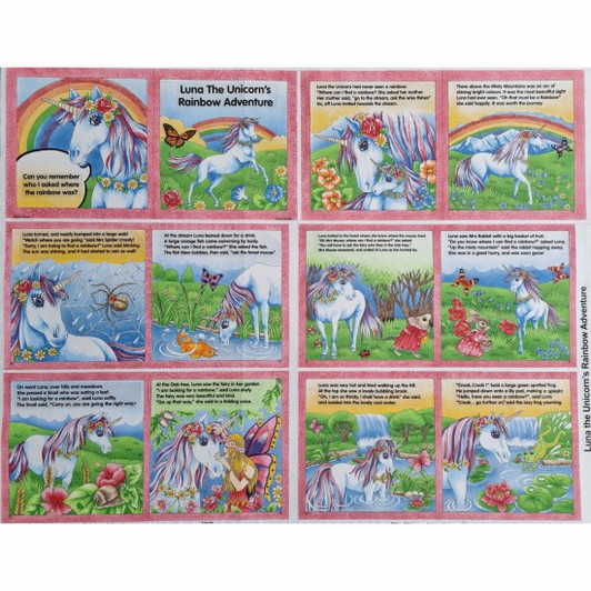 Luna the Unicorn Pink Cotton Quilting Fabric Book Panel Luna the Unicorn Pink Cotton Quilting Fabric Book Panel