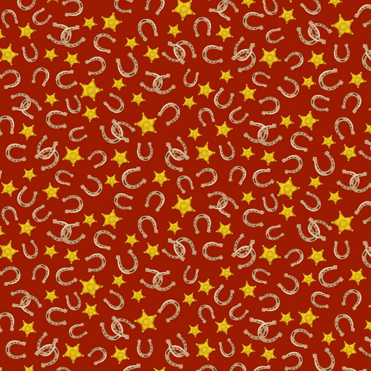 Country Rodeo Golden Horseshoes Red Cotton Quilting Fabric Country Rodeo Golden Horseshoes Red Cotton Quilting Fabric