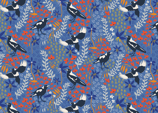 Merry Magpies Blue Australian Birds Taking Flight Cotton Quilting Fabric 1/2 YARD Merry Magpies Blue Australian Birds Taking Flight Cotton Quilting Fabric 1/2 YARD