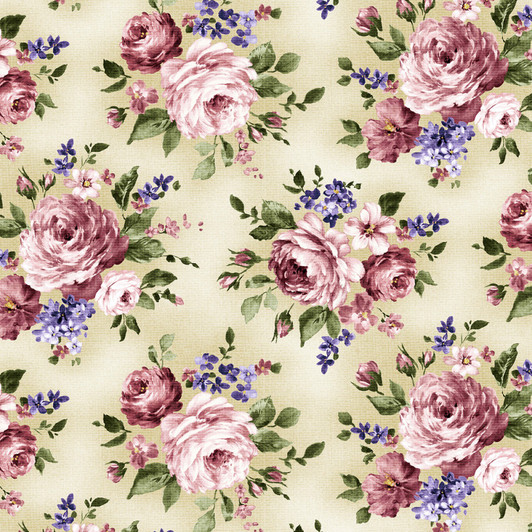 Fragrant Roses Rose Bouquet Beige Cotton Quilting Fabric Fragrant Roses Rose Bouquet Beige Cotton Quilting Fabric