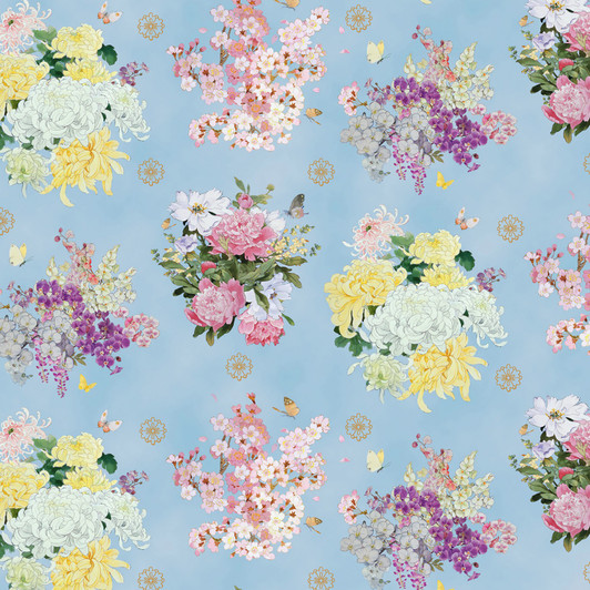 Asian Geiko Floral Bouquet Gold Metallic Highlights Blue Cotton Quilting Fabric Asian Geiko Floral Bouquet Gold Metallic Highlights Blue Cotton Quilting Fabric