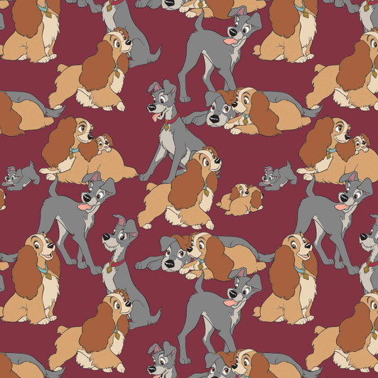 Disney Lady and the Tramp Perfect Fur Family Burgundy Cotton Quilting Fabric Disney Lady and the Tramp Perfect Fur Family Burgundy Cotton Quilting Fabric