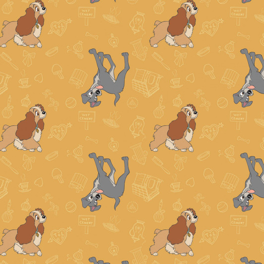 Disney Lady and the Tramp Home Sweet Home Mustard Cotton Quilting Fabric Disney Lady and the Tramp Home Sweet Home Mustard Cotton Quilting Fabric