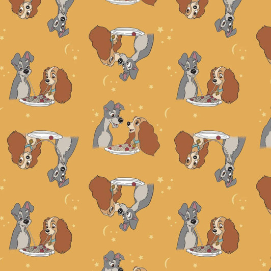 Disney Lady and the Tramp Stars in their Eyes Mustard Cotton Quilting Fabric Disney Lady and the Tramp Stars in their Eyes Mustard Cotton Quilting Fabric