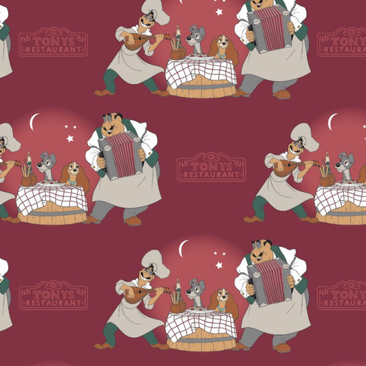 Disney Lady and the Tramp Belle Notte Burgundy Cotton Quilting Fabric Disney Lady and the Tramp Belle Notte Burgundy Cotton Quilting Fabric