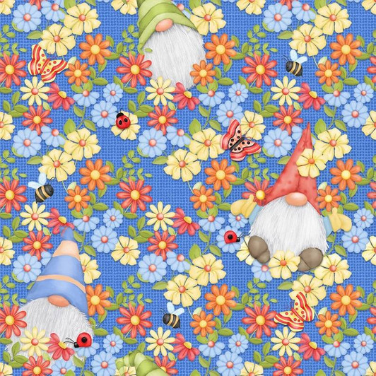 Gnome is Where Your Garden Grows Peeking Gnomes Blue Cotton Quilting Fabric Gnome is Where Your Garden Grows Peeking Gnomes Blue Cotton Quilting Fabric