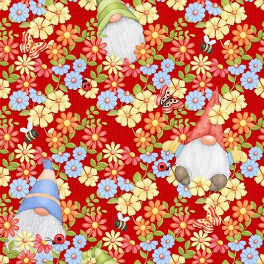 Gnome is Where Your Garden Grows Peeking Gnomes Red Cotton Quilting Fabric Gnome is Where Your Garden Grows Peeking Gnomes Red Cotton Quilting Fabric