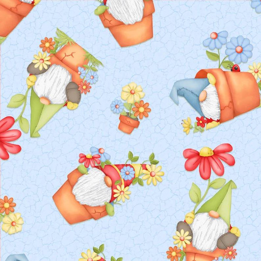Gnome is Where Your Garden Grows Gnomes in Clay Pots Blue Cotton Quilting Fabric Gnome is Where Your Garden Grows Gnomes in Clay Pots Blue Cotton Quilting Fabric