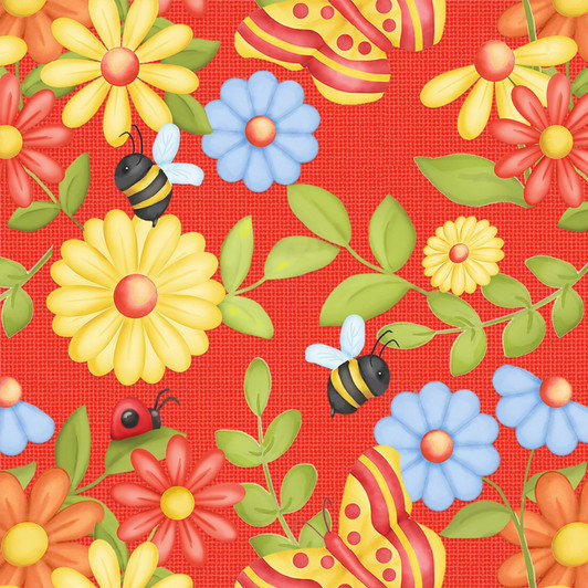 Gnome is Where Your Garden Grows Butterflies and Flowers Red Cotton Quilting Fabric Gnome is Where Your Garden Grows Butterflies and Flowers Red Cotton Quilting Fabric