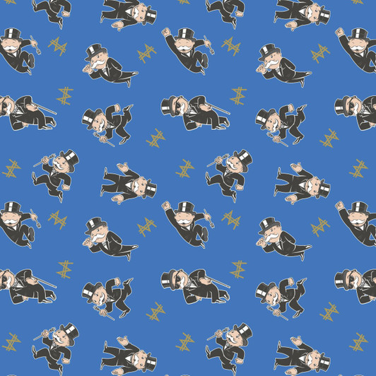 Monopoly Take a Chance Mr Monopoly Toss Blue Cotton Quilting Fabric Monopoly Take a Chance Mr Monopoly Toss Blue Cotton Quilting Fabric