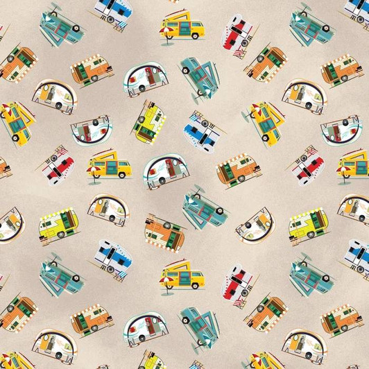 My Grey Nomads Caravans Tossed Beige DV5287 Cotton Quilting Fabric